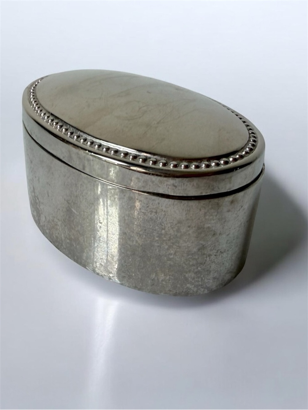 Vintage Oval Silver-tone Trinket Jewelry Box monogrammed